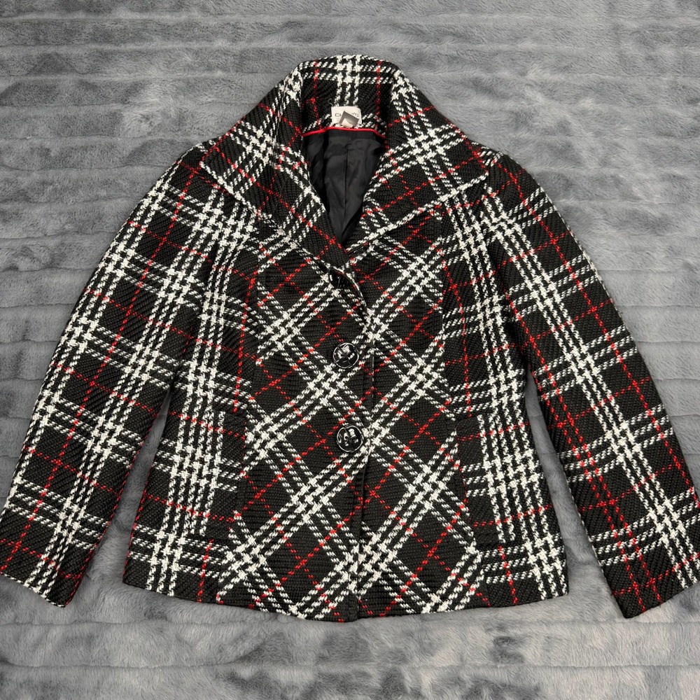Chicos Womens Size 0 Black White Red Plaid Tweed Boucle Blazer Jacket RN 79984